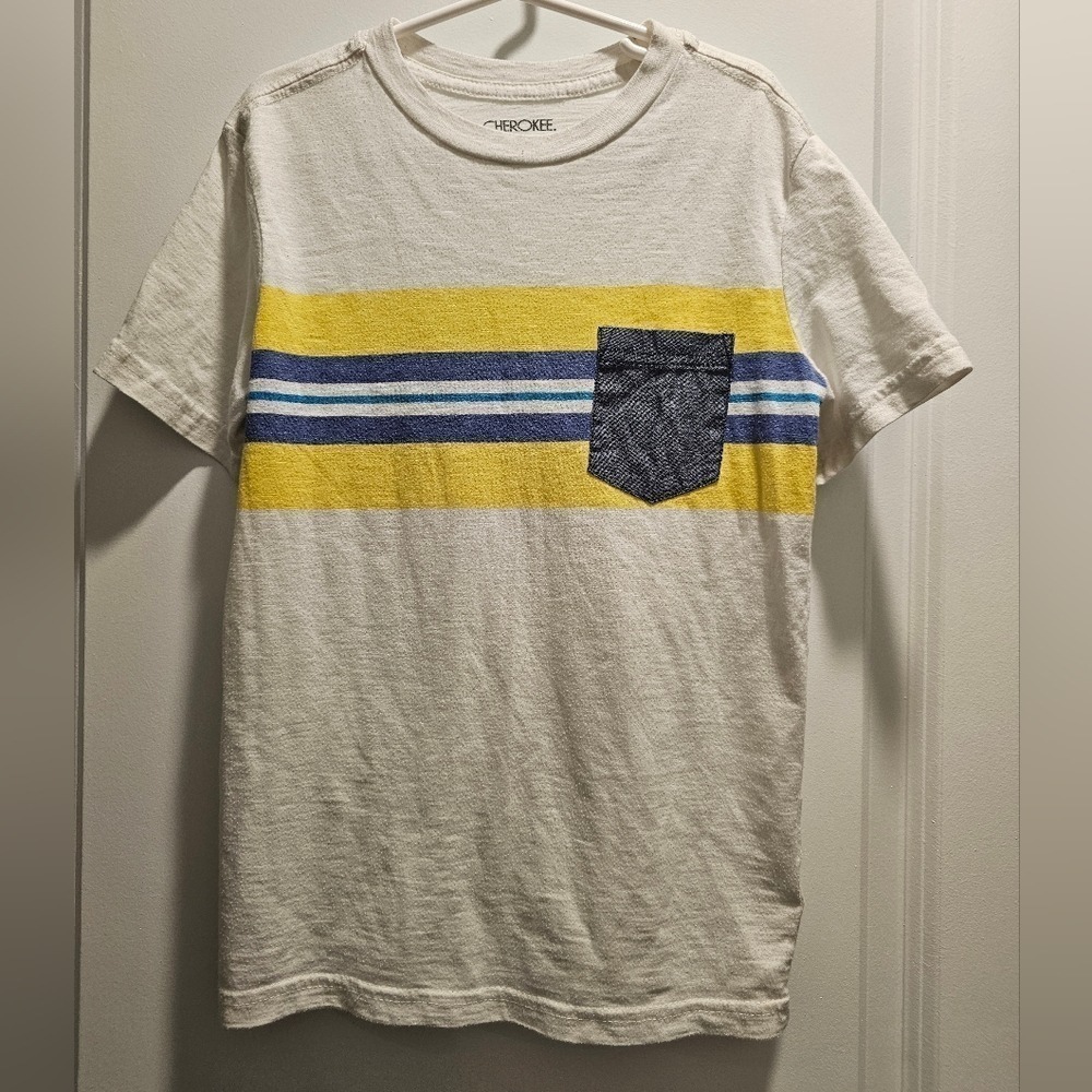 Kid's‎ szS 6/7 Cherokee Boys T-Shirt Pocket White Yellow Blue Striped Casual Tee